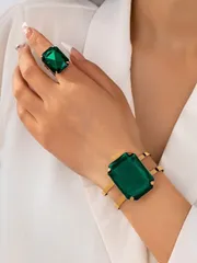 ジュエリー レディース セット 2個セット 高級エレガントな緑の人工宝石インレイ調整可能なブレスレットとリングセット、ギフトに最適、女性のパーティーや日常着用に適しています