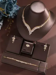 ジュエリー レディース セット 5個セット ラグジュアリー ラインストーン ジオメトリック ネックレス、ピアス、ブレスレット、リングジュエリーセット、エレガントでファッショナブル、結婚式、パーティー、日常着用に