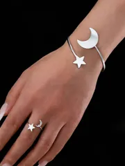 ジュエリー レディース セット 2個セット ラインデザイン、星、月型 ゴールドメタルブレスレット&リング、ミニマリストスタイル クラシックラグジュアリージュエリー パーティーや休日に