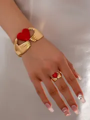 ジュエリー レディース セット ユニークなハート型ブレスレット&リングセット2個、女性の日常、パーティー、休日の装いに適したファッショナブルなアクセサリー