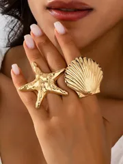 リング レディース セット ヴィンテージ夸張パンクスタイルリング2個セット、メタル質感の大きな貝殻、ヒトデリング、ビーチバケーション、春夏新作、パーティー衣装に適しています