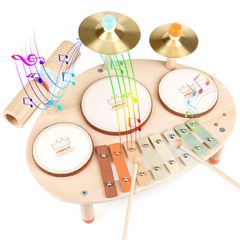 Drum set for children, Montessori toy, musical instrument, xylophone, wooden toy, percussion instrument, baby toy, 1 2 3 4 5 years old, birthday present for girls and boys, early development, fine motor skills training, Christmas present for children