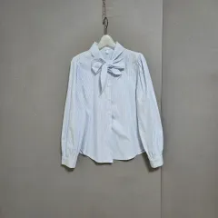 sHaru特価s15 スカイブルー ボーダー柄 リー リボン ブラウス S n2312