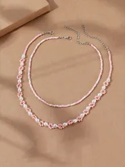 ジュエリー レディース ネックレス セット ボヘミアン フレッシュビーズ&パール フラワーネックレスセット 2個入り、ハンドメイドジュエリー、ホリデーや日常着に適しています バレンタイン、お母さん、母の日、ギフト