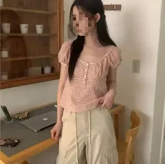 新品 NEARWEAR 下レース 半袖 CHECK ブラウス ピンク free