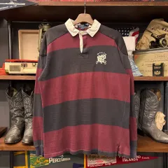 90s ポロラルフローレン ゴルフクラブ ワッペン バーガンディ ストライプ ラグビーシャツ N914