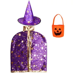 [Formemory] ハロウィン コスプレ 魔女 子供 仮装用マント 帽子付き 男女兼用 キッズコスチューム ハロウィン クリスマス パーティー イベント 仮装3点セット (パープル)