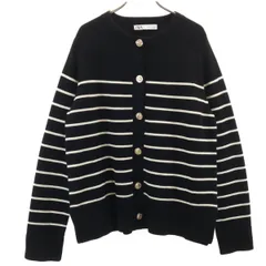 美品 ZARA ザラ ボーダー柄 長袖 ニットカーディガン M ブラック レディース 古着
