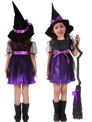 [ニューキング] ハロウィン コスプレ 子供 魔女 ドレス+帽子+ベルト三点セット 女の子 仮装 キッズ 衣装 90/100/110/120cm対応 (110cm, パープル)