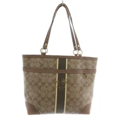 コーチ COACH トートバッグ ハンド PVC レザー シグネチャー ヘリテージストライプ 総柄 ロゴ 茶色 ブラウン 12358 /XZ ■GY18