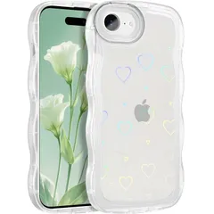 MuZiF iPhone 16e 用 ケース 対応 クリア 可愛い [グリッターカード&ハート形] ウェーブ TPUソフトケース 透明 かわいい 韓国 薄くて軽い 人気 おしゃれ ストラップ穴あり 耐衝撃 保護カバー アイフォン16e 用 スマホケース (iP
