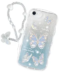 MuZiF iPhone SE3/SE2/8/7 用 ケース クリア キラキラ 可愛い ちょう ウェーブ TPUソフトケース 透明 かわいい [グリッターカード&リストストラップ] 薄くて軽い 耐衝撃 携帯カバー アイフォン SE3用 スマホケース (iPho