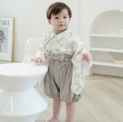 【即納】ベビー袴ロンパース男の子 浴衣 甚平 夏祭り 花火大会 和装お食い初めボーイズ ボタニカルはかまセパレート和風 着物 初節句 端午の節句 子供の日 こどもの日ナチュラル和服 赤ちゃん70 80 90 七五三お祝いキッズ子供フォーマルお正月　FB01