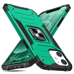 iPhone 12 Mini 用 ケース リング付き 衝撃吸収 耐衝撃 落下防止 米国軍事MIL標準取得 スタンド機能 PC+TPU 二重構造 防塵 薄型 軽量 一体型 360度回転 全面保護カバー アイフォン 用 ケース 緑 MJJ-SJ-1051-3-06