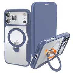 【実用性が高い手帳型】 iPhone 17 Pro Max 用 ケース 手帳型 2枚カード収納 背面クリア 360度回転するMagSafeリングが超便利 軽い 薄型 耐衝撃 全面保護 縦横両対応 レザー素材 マグセーフ対応 おしゃれ 青