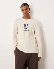 エイソス メンズ トップス Tシャツ レース グラフィック ASOS DESIGN heavyweight oversized long sleeve Tshirt with multiplacement graphics in cream waffle BE