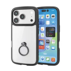 エレコム iPhone 17 Pro ケース カバー クリア 耐衝撃 衝撃吸収 リング付き ハイブリッド 薄型 軽量 ストラップホール付き 全周エアークッション ストラップホルダーシート付 ブラック PM-A25CTSLFCRBK