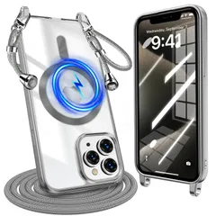 iPhone 15 Pro 用 ケース クリア ショルダー 耐衝撃 アイフォン 15 プロ 用 ケース Magnetic対応 ストラップホール付き 肩掛け 紐付き TPU 斜めかけ 縄掛けケース 長さ調整可能 取り外し可能 落下防止 紛失防止 軽量 一体型 ワ