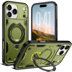 iPhone 17 Pro Max 対応 ケース 耐衝撃 スタンド付き MagSafe対応 カバー リング TPU+PC ワイヤレス充電 米軍MIL規格取得 スタンド機能 （オリーブグリーン）117-IP17PM-06