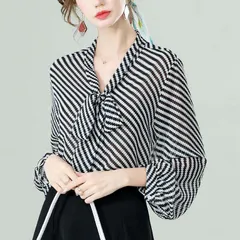 ボウタイブラウス ストライプ レディース  プリント V ネック レトロ シフォン トップス オシャレ エレガント スプリングコーデ 春新作 2026 cenyi01
