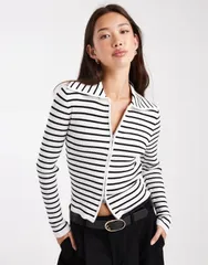 ミスセルフフリッジ レディース アウター カーディガン リブニット ニット Miss Selfridge rib knit zip detail collared cardigan in stripes STRIPE ストライプ