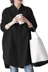 グリーンパキラ おしゃれ シャツワンピース 襟付 トップス 長袖 レディース 体型カバー チュニック きれいめ インナー 重ね着 着回し (ブラック,  S)