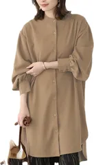 グリーンパキラ ブラウス レディース 長袖 ロングシャツ チュニック 体型カバー トップス ロングブラウス 前開き 羽織り ゆったり オーバーサイズ スタンドカラー パフスリーブ (ブラウン,  L)