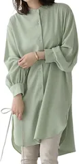 グリーンパキラ ブラウス レディース 長袖 ロングシャツ チュニック 体型カバー トップス ロングブラウス 前開き 羽織り ゆったり オーバーサイズ スタンドカラー パフスリーブ (グリーン,  M)