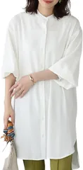 グリーンパキラ ブラウス レディース 長袖 ロングシャツ チュニック 体型カバー トップス ロングブラウス 前開き 羽織り ゆったり オーバーサイズ スタンドカラー パフスリーブ (ホワイト,  M)