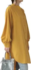 グリーンパキラ ブラウス レディース 長袖 ロングシャツ チュニック 体型カバー トップス ロングブラウス 前開き 羽織り ゆったり オーバーサイズ スタンドカラー パフスリーブ (マスタード,  M)