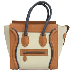セリーヌ CELINE ラゲージ マイクロショッパー ハンドバッグ レザー ホワイト/ブラウン/ネイビー 中古 新入荷 OB2826