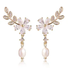 VICAKERシンプル デザイン キラキラ ファッション パール枝の形花輪ジルコニアピアス レディース 人気 金属アレルギー対応 リング ピアス 18金earrings women イヤリング