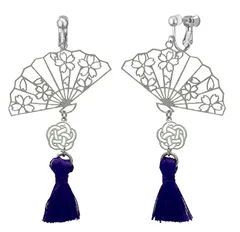 [ジュエリーショップエム] レディース イヤリング ネジバネ式 和柄 桜 アクセサリー 金属アレルギー対応 日本製 水引 タッセル シルバー 紺 acc26 E 扇子 R BL