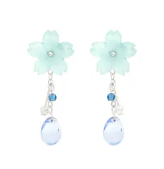 イヤリング 桜 レディース 金属アレルギー対応 ゆれる 花 可愛い ノンホールピアス (ブルー)