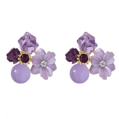 HAPVITAL ピアス レディース イヤリング人気 金属925 樹脂 アレルギー対応シルバー イヤリング おしゃれ プレセント誕生日 恋人 記念日 (紫の花のデザイン)