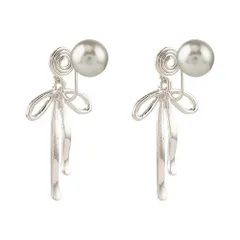 ピアス穴なしクリップ式イヤリング、女性用、グレーパール、蝶結び、ファッション、かわいいイヤリング、ダングルドロップ、ジュエリー、学生向けギフト (クリップ式イヤリング)