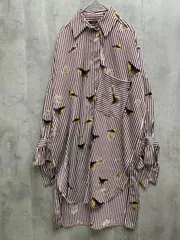 ZARA BASIC ザラベーシック 鳥 花 プリント ストライプ ロングシャツ フィッシュテール sizeUSA S/白ｘえんじ ◇■レディース
