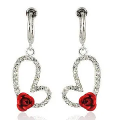 ローズ ハート ラインストーン イヤリング ゆらゆら 痛くならない ノンホールピアス スプリングタイプ バネ式 可愛い ピアス バラ シルバートーン (ローズレッド)