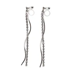 イヤリング レディース 人気 ノンホールピアス クリスタル ゴールド ロング ラインストーン パール ウェーブ バー 上品 華奢 大人 痛くない 揺れる シルバー 樹脂 イヤリング ノンホールピアス ミヤビグレース Miyabi Grace (バー＆クリスタル