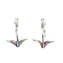 もみじ柄 折鶴 ピアス イヤリング お土産 手作り 日本 伝統 千代紙 折紙 ハンドメイド 着物 浴衣 祭り 紅葉 アクセサリー (紺（イヤリング）)