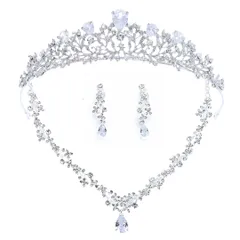 ジルコニア ティアラ ネックレス イヤリング または ピアス 3点セット ヘアピン付属 付け方解説書付き 結婚式 ウェディング コスプレ (ピアス)