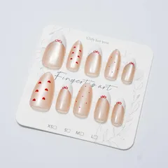 プレスオンネイル, アーモンドシェイプ, ナチュラルピンク, フレンチネイル, レッドハートリボン装飾, パーティー用, デイリー用, 30枚セット, 光沢仕上げ