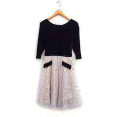 アプワイザーリッシェ Apuweiser-riche 切替 ワンピース リブ ニット ドットチュールスカート 7分袖 ロング丈 2 ブラック 黒 ホワイト 白 /FT37