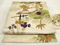 平和屋着物◎アンティーク　大正ロマン　九寸名古屋帯　刺繍　遠山風景花文　金銀糸　正絹　逸品　AABH1338wj