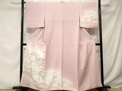 K中古美品 小紋 単衣 花鳥模様 ポリエステル くすみピンク□N80602-01