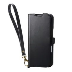 エレコム iPhone 17 ケース カバー 手帳型 ソフトレザー TPU 耐衝撃 衝撃吸収 カード収納 4つのポケット スタンド機能 ハンドストラップ付き 4つ角エアークッション ブラック PM-A25APLFY4BK