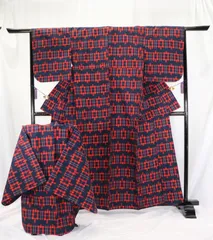 ウールアンサンブル/紺×赤/着物＋羽織/羽織紐付/仕立て上がり/適応身長148～152㎝【ゆずりは】12092