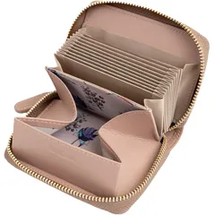 [RafiCaro] ミニ財布 お札が折れない 財布 レディース メンズ 二つ折り財布 大容量 じゃばら カードケース ボックス型 小銭入れ YKKファスナー 牛革 小さい財布 ダスティピンク/花柄 0