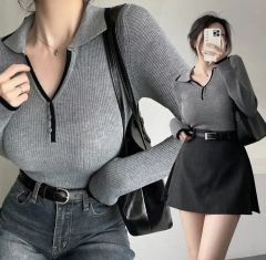 新品) カラーTシャツ 長袖Tシャツ ポロTシャツ リブ Tシャツ グレー チャコール フリーサイズ バイカラー POINT