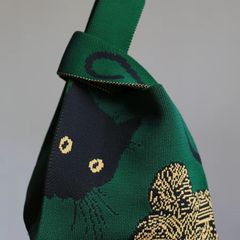 B8-1 緑　ミニトート　猫　糸　可愛い　手提げ　ニットバッグ　ハンドバッグ　サブバッグ